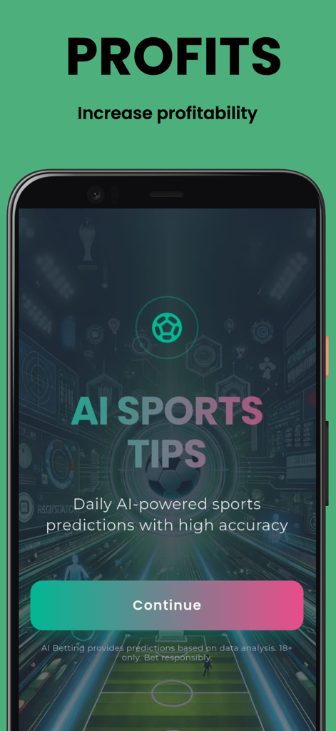Interface de aplicativo móvel do AI Sports Predictions Pro mostrando dicas esportivas diárias potencializadas por IA com alta precisão