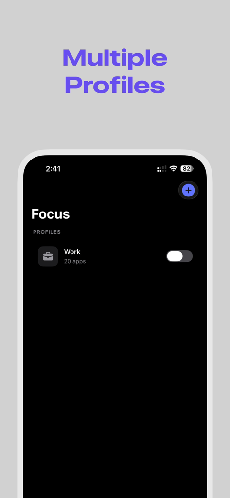 Focus App Blocker - Interfaz de Focus App Blocker mostrando la función de múltiples perfiles con un interruptor de perfil de Trabajo.