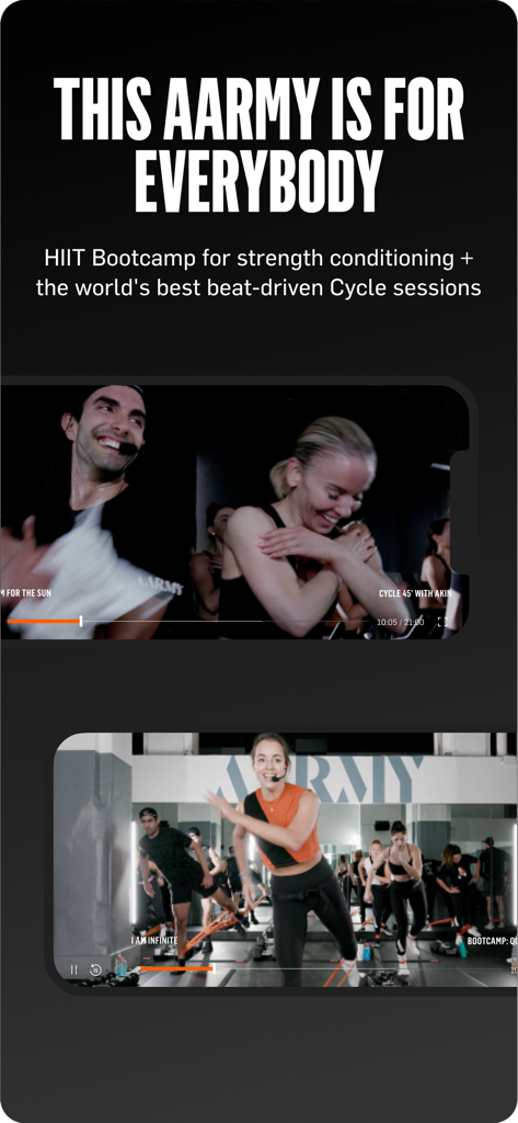 AARMY - AARMY app featuring HIIT bootcamp and beat-driven cycle training sessions