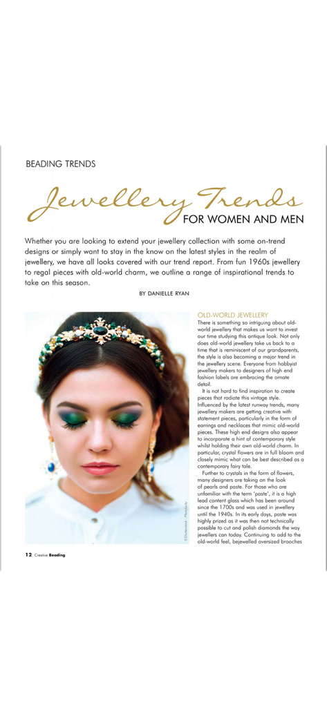 Creative Beading Magazine - A magazine article page from Creative Beading Magazine titled Jewellery Trends for Women and Men featuring a woman wearing an ornate beaded headband.