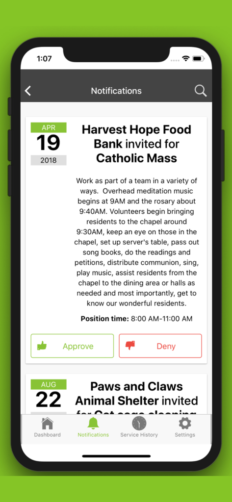 The notifications screen of the VolunteerMark app showing volunteer invitations for a food bank and an animal shelter with options to approve or deny.