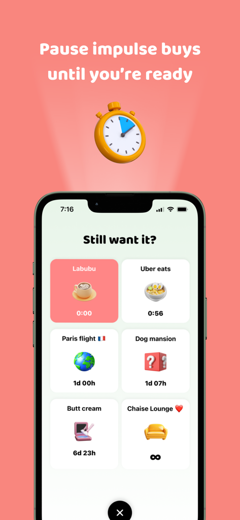 BuyBye - Save Money - Una pantalla de smartphone mostrando la función de enfriamiento de la aplicación BuyBye con temporizadores para diferentes compras impulsivas.