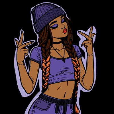 realistic teenage girl with braids and a beanie and crop top doing 🫶🏼