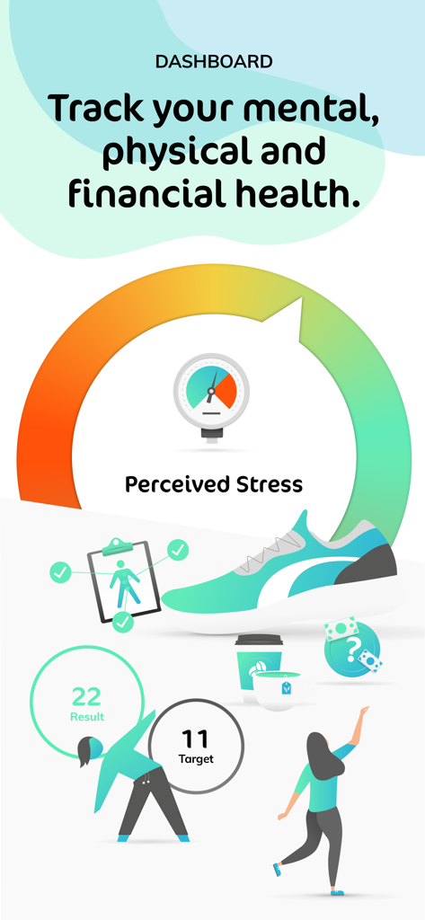 Breeze: Health & Wellbeing - Breeze app dashboard interface showing mental physical and financial health tracking with a stress gauge and fitness graphics