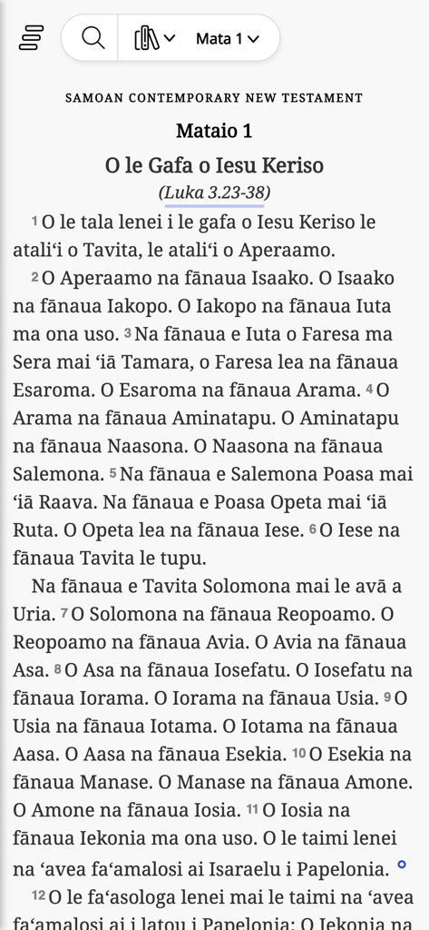 O LE Tusi Pa'ia - Samoan Bible - The Samoan Bible app displaying the text of Matthew chapter one