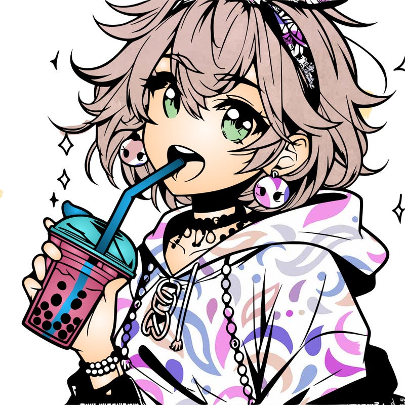 hot baddie anime girl drinking boba and biting the straw