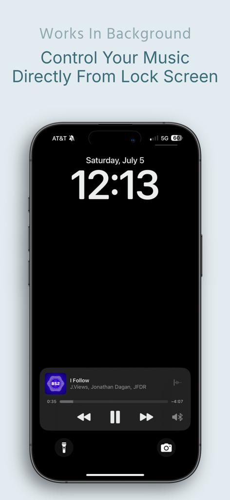 852 Player Plus - Tela de bloqueio do smartphone exibindo o widget de controle de música do 852 Player Plus com recursos de reprodução em segundo plano
