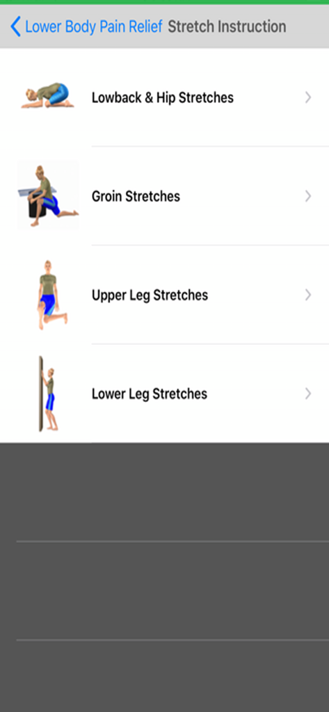 Stretch For Pain Relief Lower - App screen showing stretch categories for lower back hip groin and legs with illustrated exercises