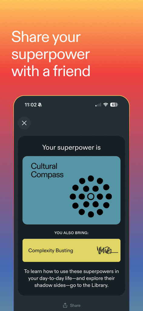 Superpowers by SYPartners - Mobile screen showing the Superpowers by SYPartners app sharing a result card for Cultural Compass and Complexity Busting.