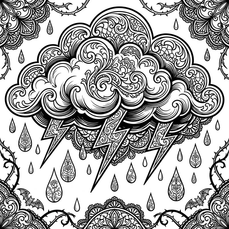 Dive into a world of dramatic artistry with this stunning Gothic Rain Cloud coloring page, featuring richly detailed patterns and melancholic elegance. Perfect for adult colorists seeking an intricate and atmospheric creative challenge.