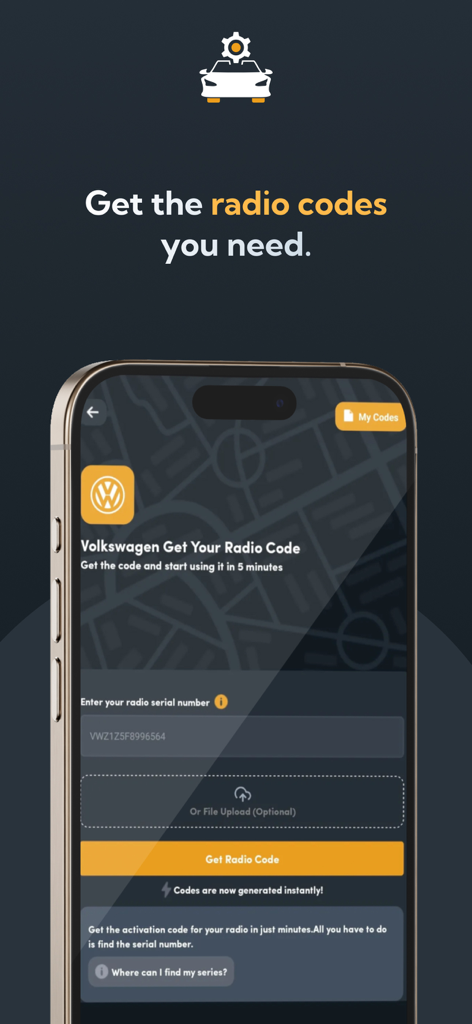Car Radio Codes - Mobile app interface for getting a Volkswagen car radio unlock code by entering a serial number.
