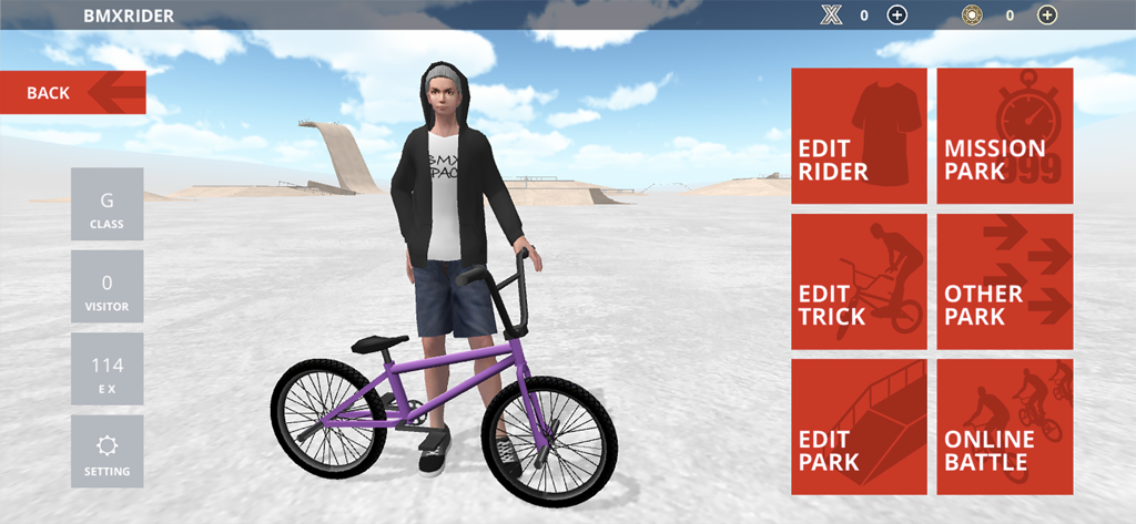 BMX Space - El menú principal de BMX Space mostrando un avatar de rider con una bicicleta morada y opciones de edición y batallas online.