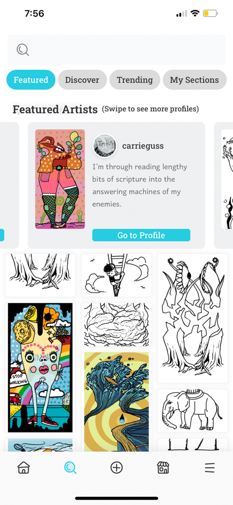 DrawnTogether - The Featured Artists section and collaborative drawing gallery on the DrawnTogether app.