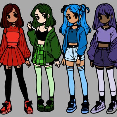 one girl with crop-top shirt and a jacket with a skirt, long socks and another girl with a shirt and pants with a jacket