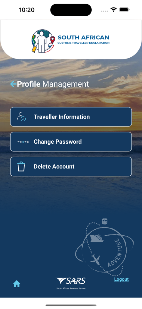 Profile management screen of the SA Traveller Management System app featuring traveler information change password and delete account options