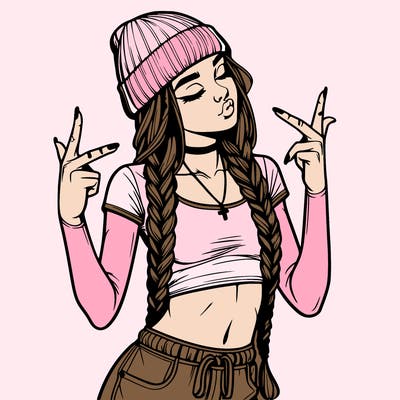 realistic teenage girl with braids and a beanie and crop top doing 🫶🏼