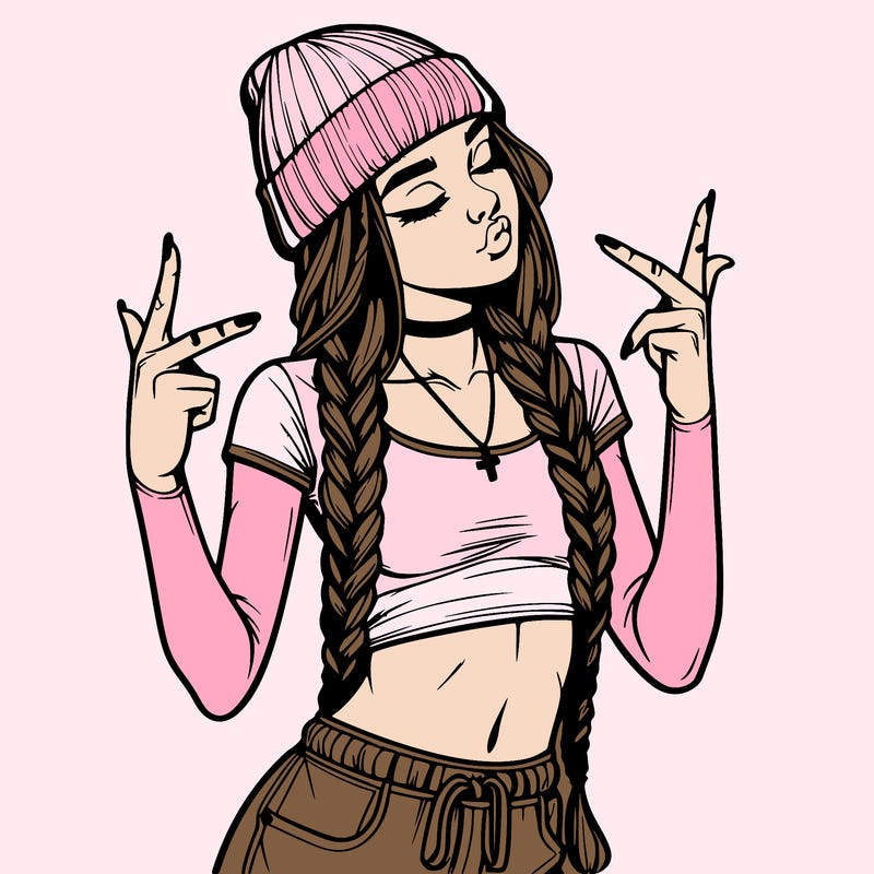 realistic teenage girl with braids and a beanie and crop top doing 🫶🏼