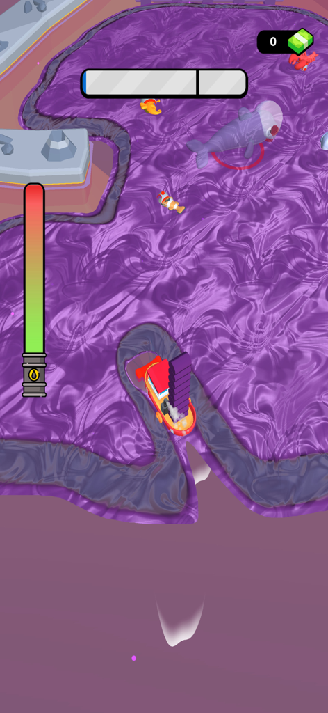 Idle Eco Miner: Ocean Cleanup - A boat cleaning a purple oil spill in the Idle Eco Miner game