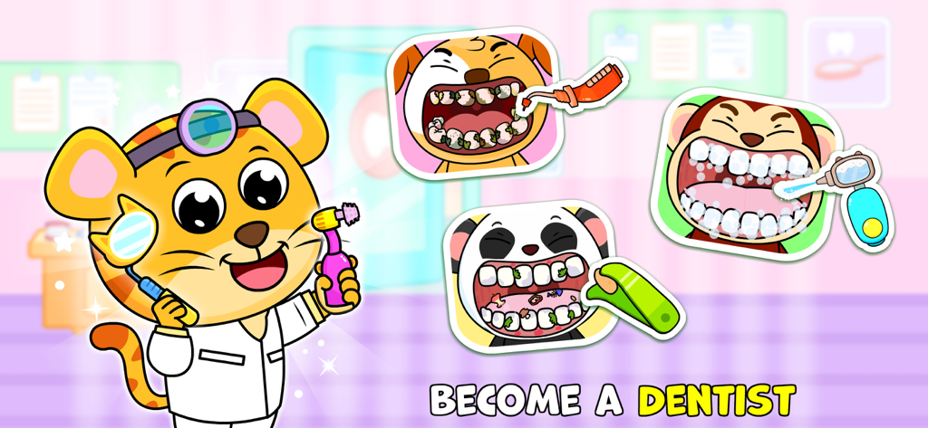 Personaggio di un leopardo cartone animato in abito da dentista che insegna ai bambini la cura dentale in Timpy Town World.