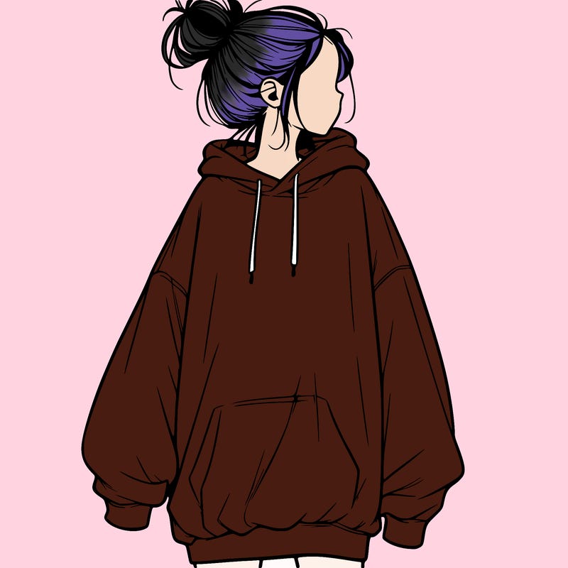 realistic girl with a oversized sweatshirt on and a bun