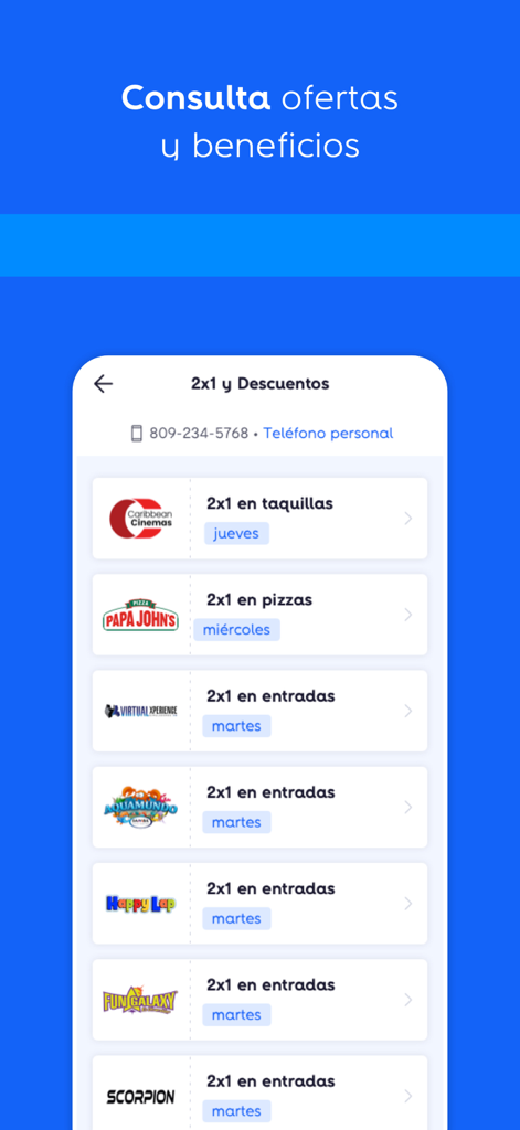 Pantalla de la aplicación Mi Altice que muestra varios descuentos 2x1 y beneficios para cines, restaurantes y centros de entretenimiento.