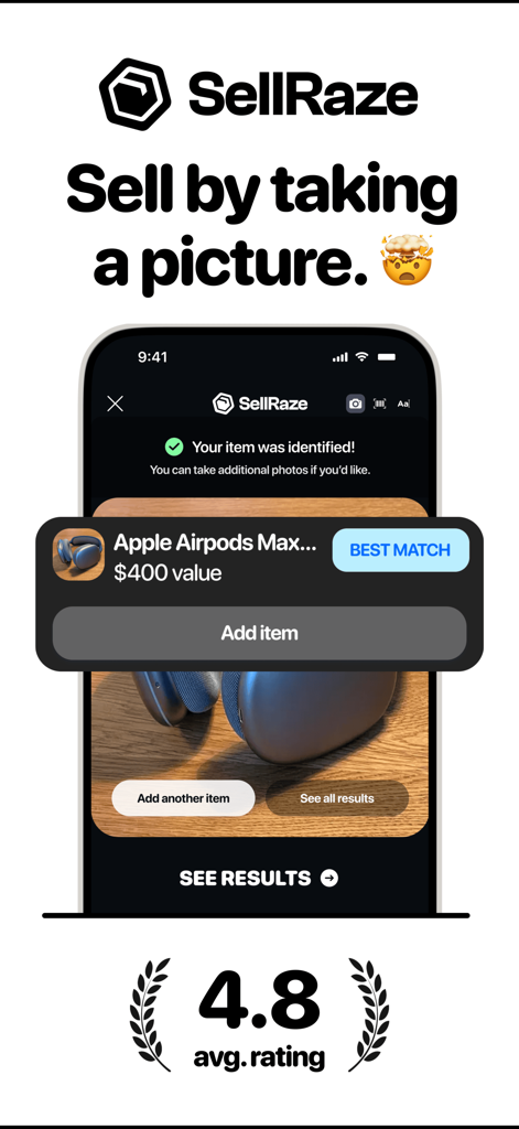 SellRaze app interface showing AI product identification and resale value from a photo