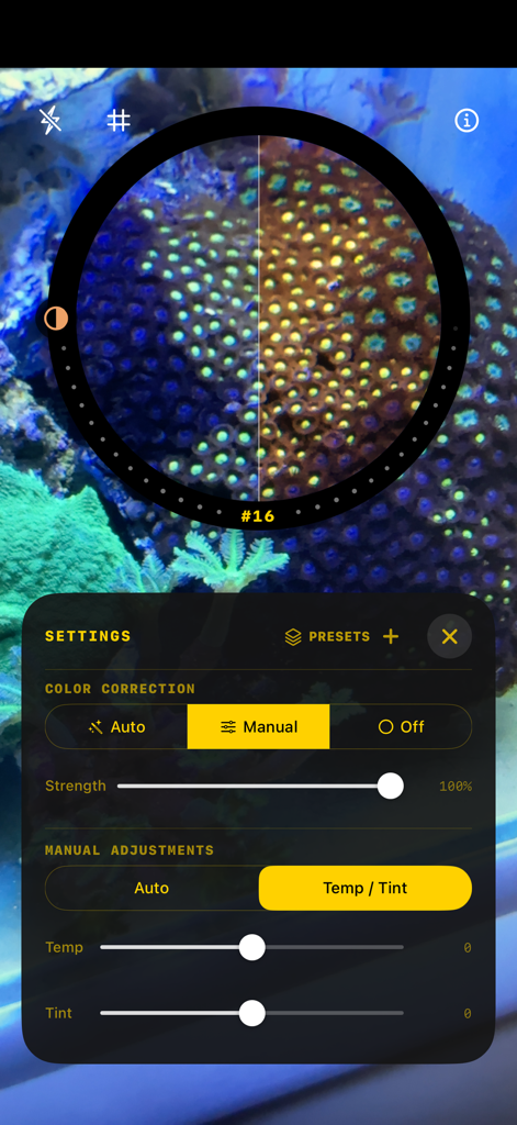 Configuración de corrección de color manual y comparación en pantalla dividida en tiempo real en la aplicación Cámara de Acuario