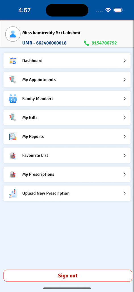 User dashboard of the Medicover Hospitals app showing medical management options