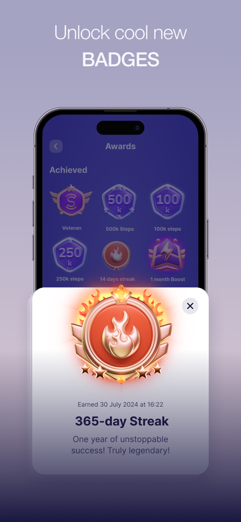 다양한 성과 배지와 365일 스트릭 보상을 보여주는 Sweatcoin 모바일 앱 수상 화면