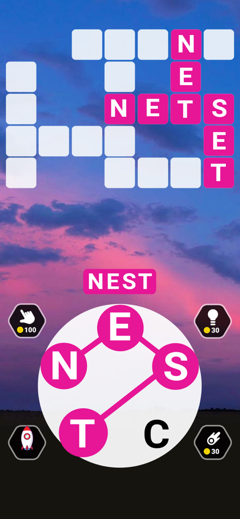 Word Galaxy Challenge - Word Galaxy Challenge puzzle screen with a sunset background