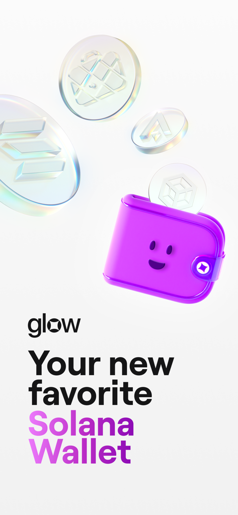 Glow — Solana Wallet - Una billetera morada sonriente en 3D con monedas de criptomonedas de cristal flotantes y el texto Tu nueva billetera de Solana favorita.