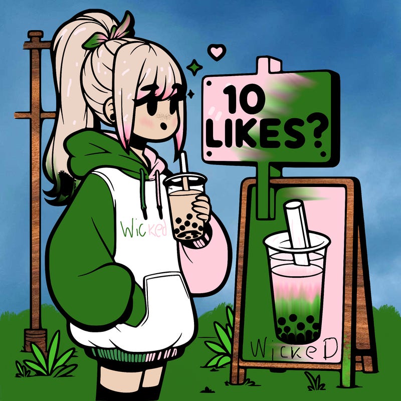 girl with oversized hoodie drinking boba and she has a high ponytail with a sign that says 10likes?