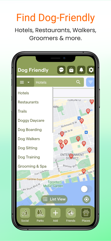 Wag Buddy - Bring Fido Along! - Wag Buddy app screen displaying an interactive map with pins for dog friendly locations and a list of services including hotels and restaurants