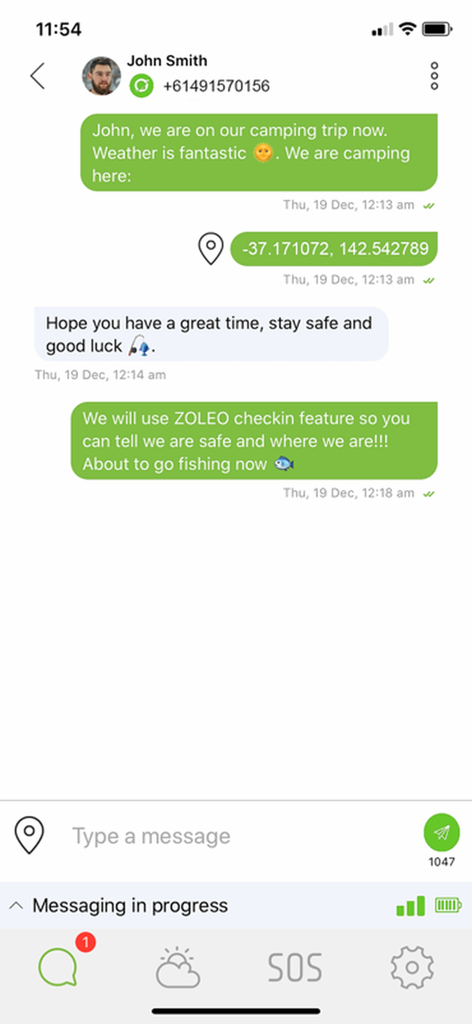 ZOLEO - ZOLEO app messaging interface showing a conversation about a camping trip and GPS location sharing.