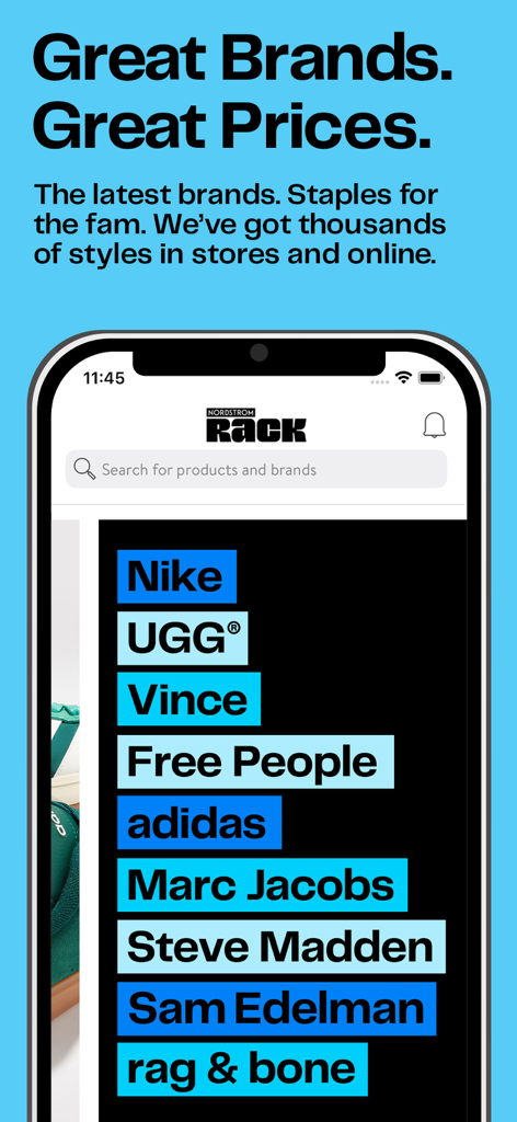 Nordstrom Rack: Shop Deals - Nordstrom Rack app display showing popular fashion brands and discount messaging