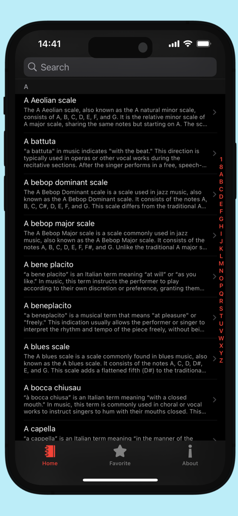 Music Dictionary - Music Terms - A list of musical terms and their definitions in the Music Dictionary app interface.