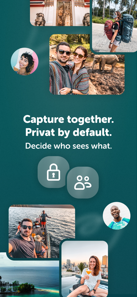 Un collage promocional de fotos de viajes con texto sobre el intercambio privado de fotos y la creación colaborativa de diarios.