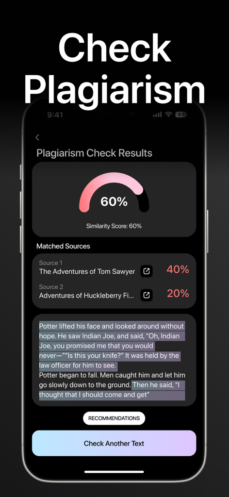 AI Detector Plagiarism Checker - La schermata dei risultati del controllo plagio che mostra un punteggio di somiglianza del sessanta percento e fonti di libri corrispondenti