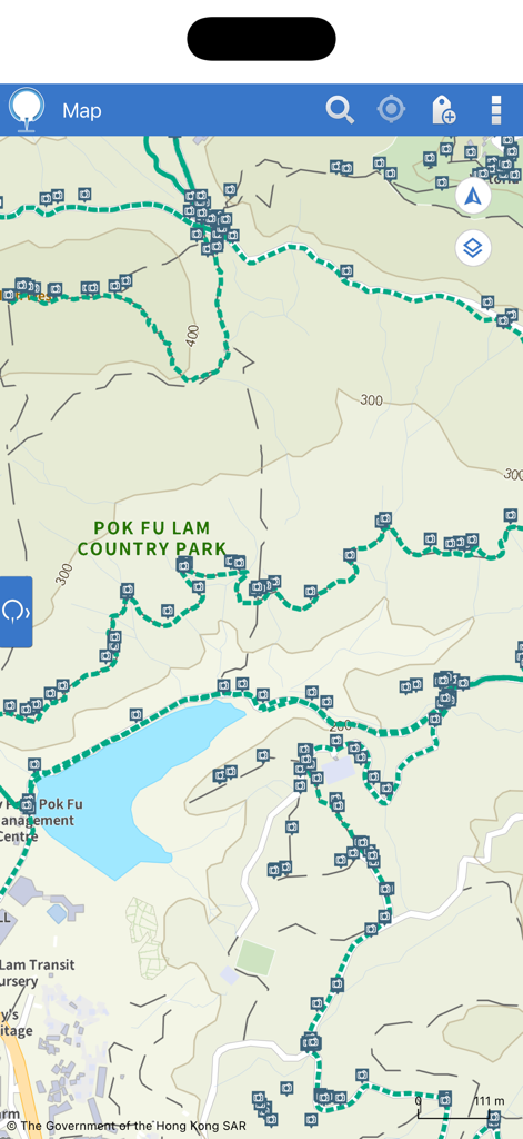 MyMapHK - Official topographic map of Pok Fu Lam Country Park showing hiking trails and facility icons