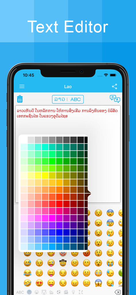Lao Keyboard And Translator - Uma captura de tela do editor de texto do aplicativo Teclado Lao apresentando uma paleta de cores para personalização de fontes e um teclado de emoji.