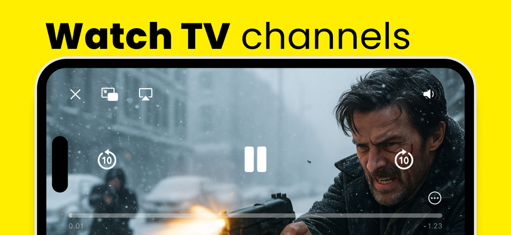#iptv smart player pro - An iPhone screen displaying a movie scene with video playback controls in the IPTV Smart Player Pro app.
