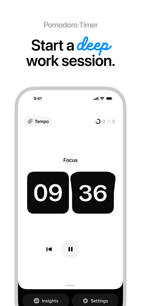 Tempo Focus - Pomodoro Timer - Interfaz minimalista de temporizador Pomodoro para iniciar una sesión de trabajo profundo en la aplicación Tempo Focus