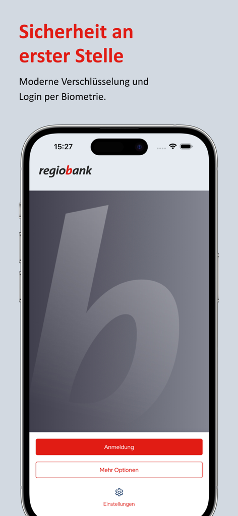 Tela de login do aplicativo móvel Regiobank destacando segurança biométrica e recursos de criptografia em um iPhone