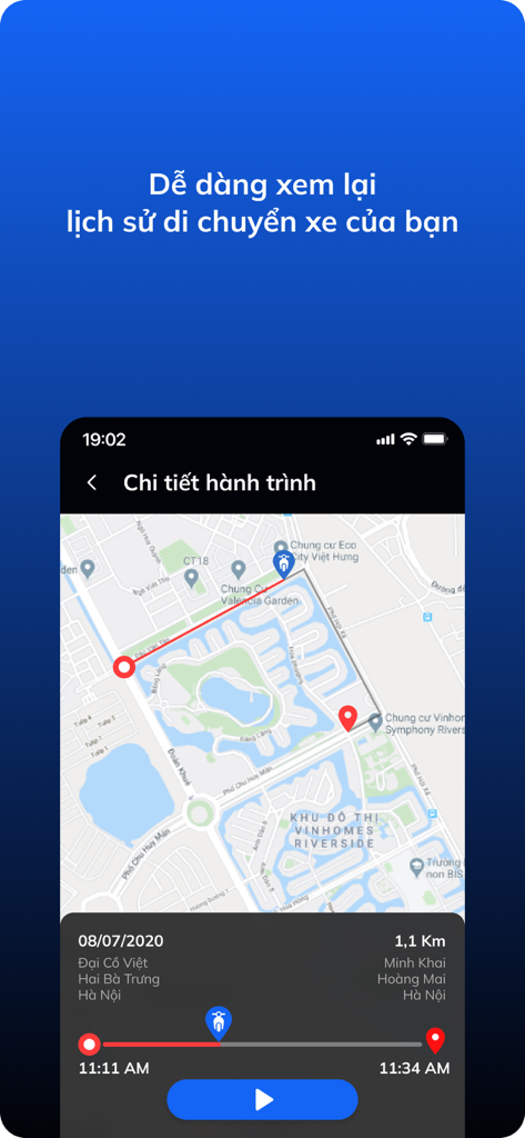 Una visualizzazione della mappa nell'app VinFast E-Scooter che mostra il percorso di un viaggio registrato e le statistiche del viaggio