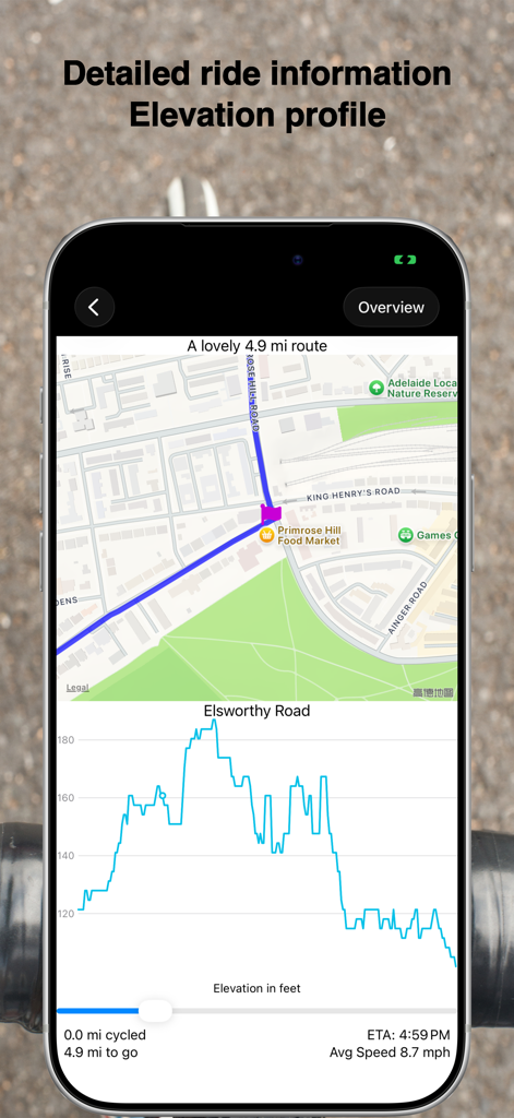 CycleMaps - CycleMaps app interface on an iPhone displaying a bicycle route map and a detailed elevation profile graph
