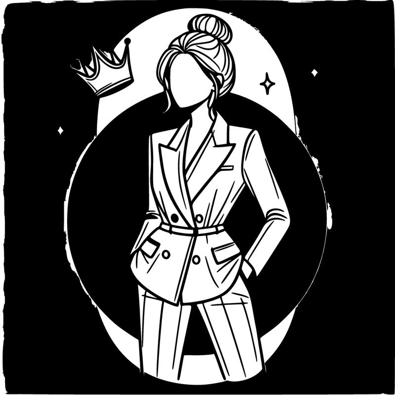 woman wearing a pantsuit the girl has a tight bun and and a crown is floating above her head