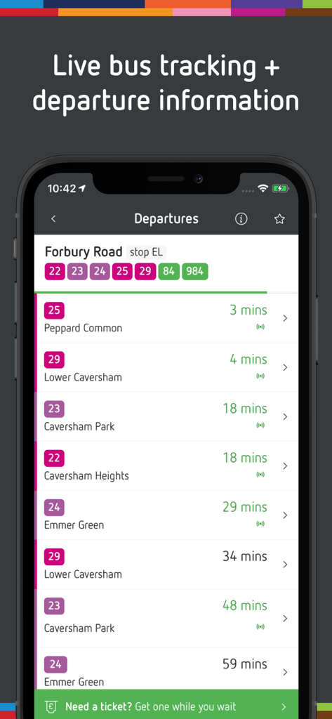 Reading Buses app interface showing real-time bus tracking and departure countdown for Forbury Road stop