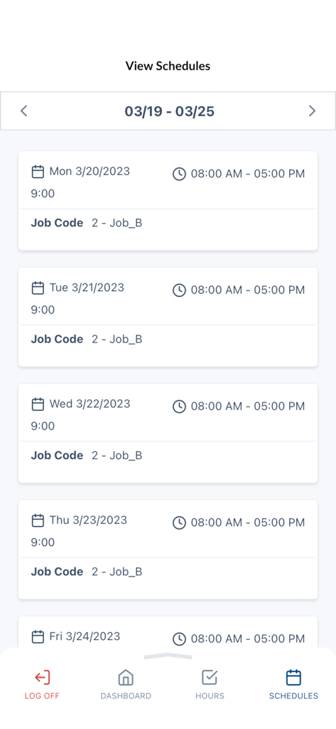 TCP MobileKiosk - Weekly work schedule view in the TCP MobileKiosk app showing daily shifts and job codes