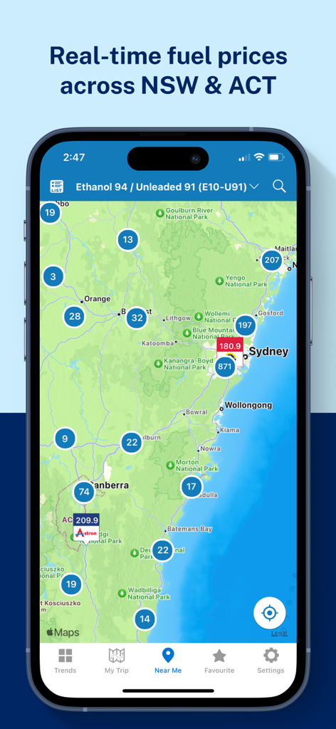 NSW FuelCheck - NSW FuelCheck 앱의 지도 보기에 뉴사우스웨일스 및 ACT 전역의 실시간 유가 정보가 표시됨