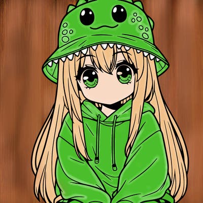 girl with anime shaped eyes with a dinosaur bucket hat oversized sweatshirt long straight hair